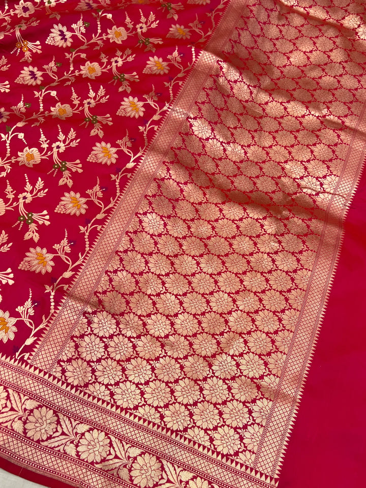 Rani Pink Pure Katan Silk Handloom Saree with Golden Floral Jaal