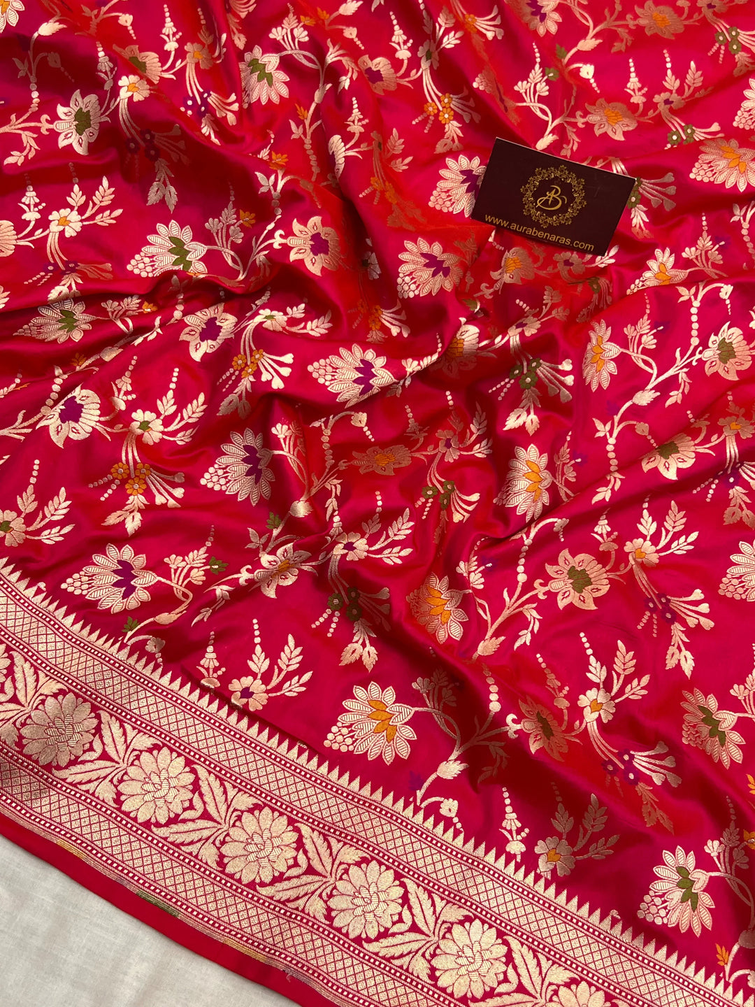 Rani Pink Pure Katan Silk Handloom Saree with Golden Floral Jaal