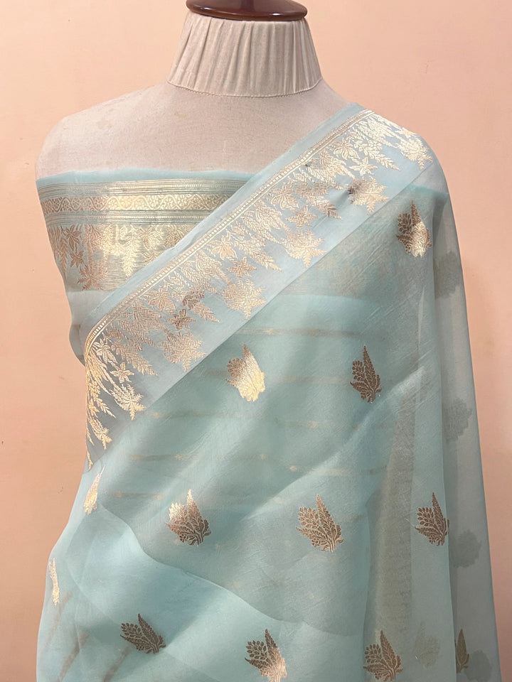 Pale Blue Pure Kora Silk Handloom Banarasi Saree