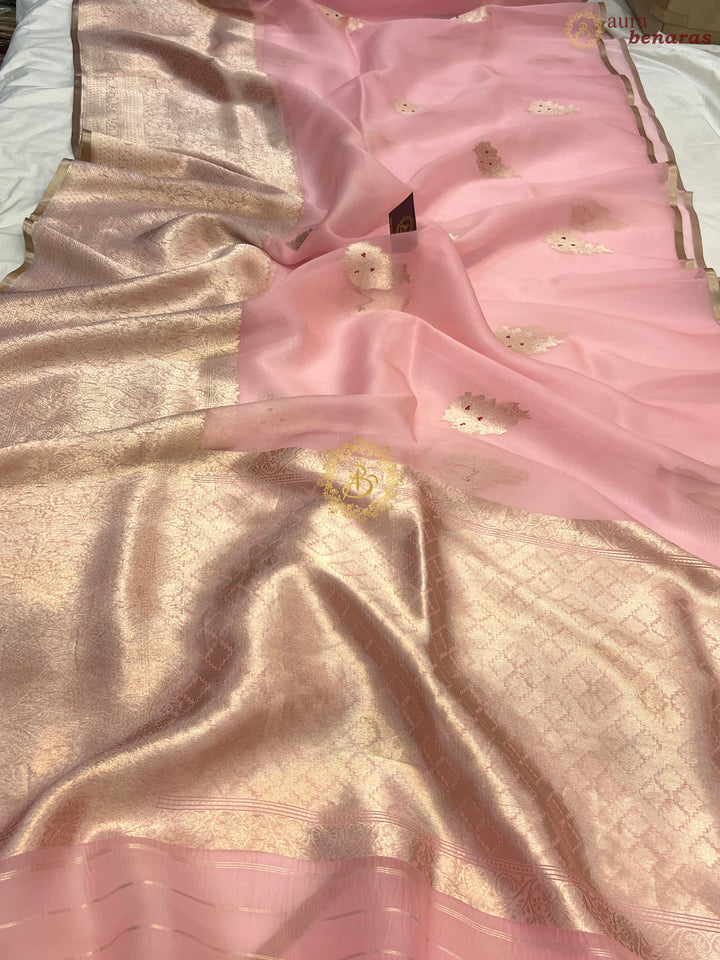 Baby Pink Pure Kora Silk Handloom Banarasi Saree