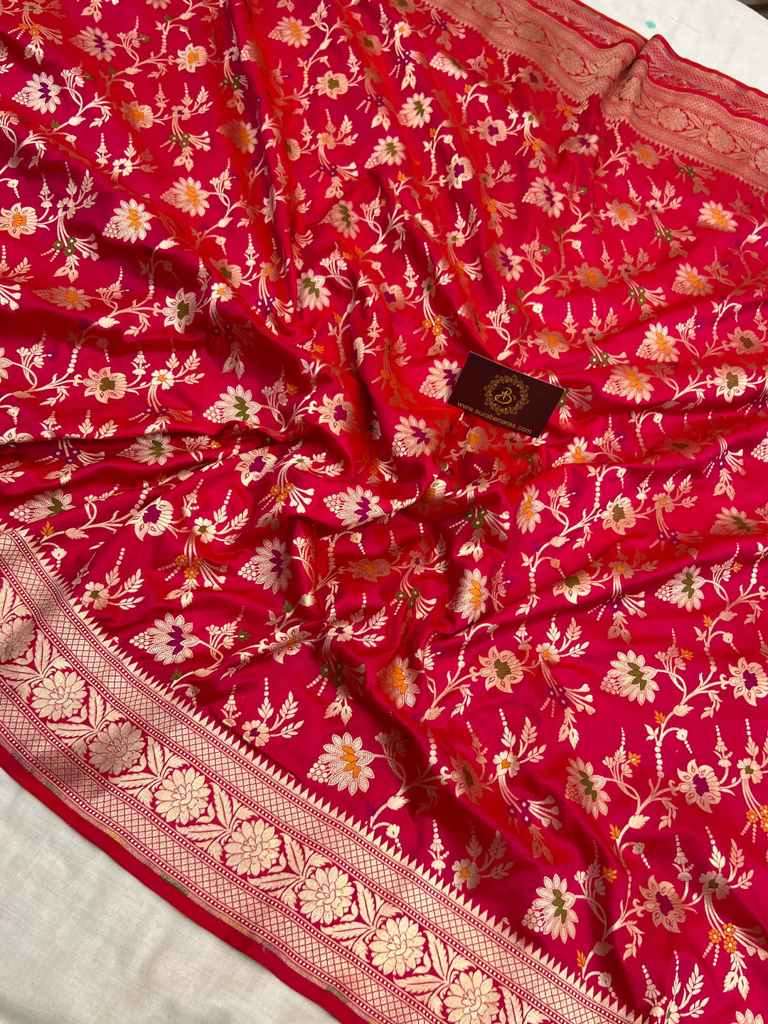 Rani Pink Pure Katan Silk Handloom Saree with Golden Floral Jaal