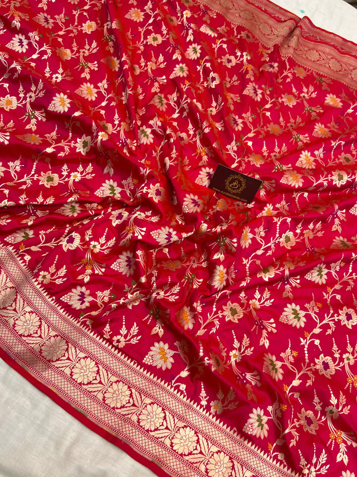 Rani Pink Pure Katan Silk Handloom Saree with Golden Floral Jaal