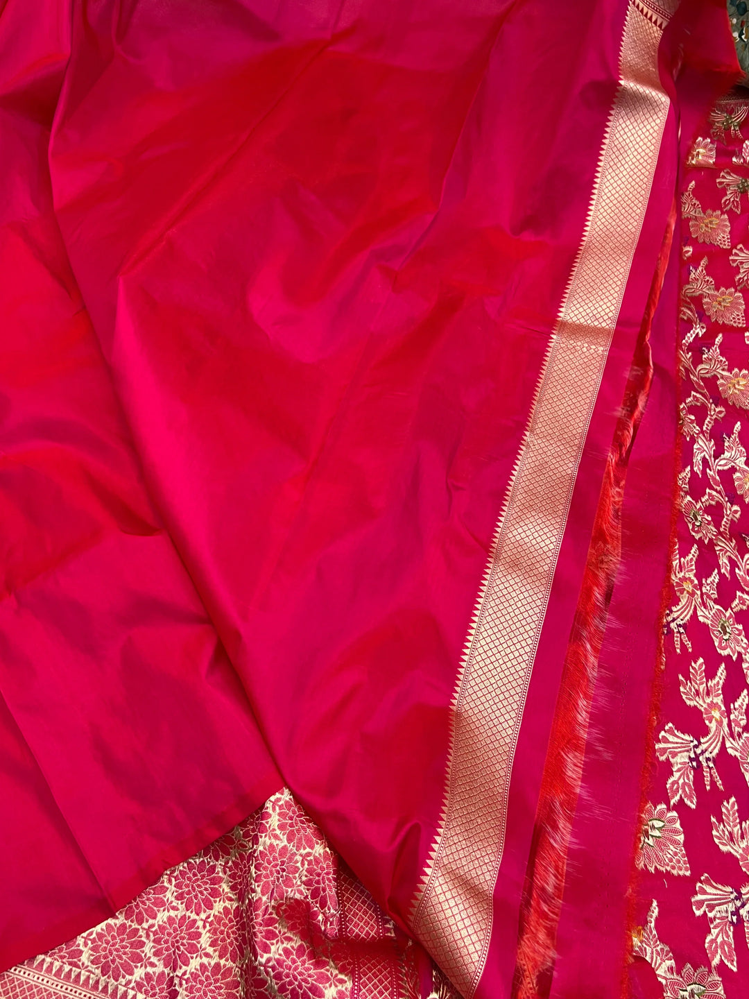 Rani Pink Pure Katan Silk Handloom Saree with Golden Floral Jaal
