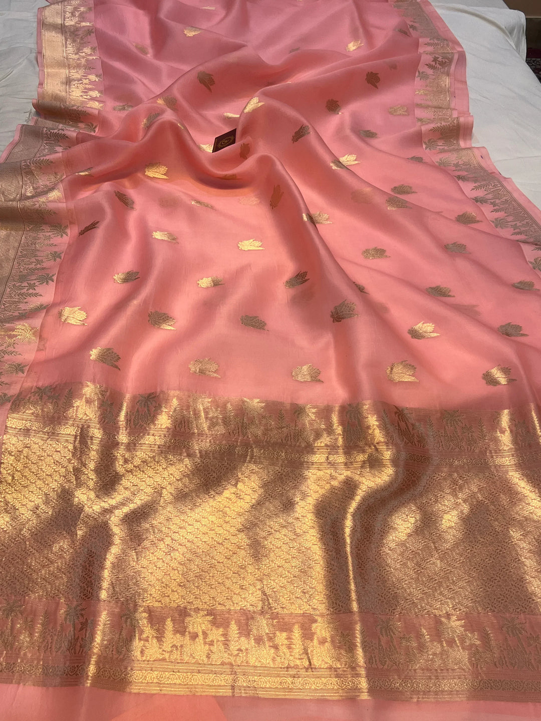 Peach Pure Kora Silk Handloom Banarasi Saree