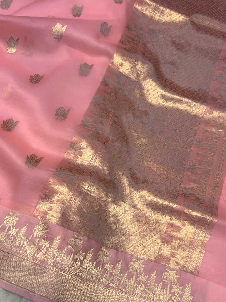 Peach Pure Kora Silk Handloom Banarasi Saree