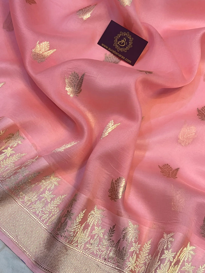 Peach Pure Kora Silk Handloom Banarasi Saree
