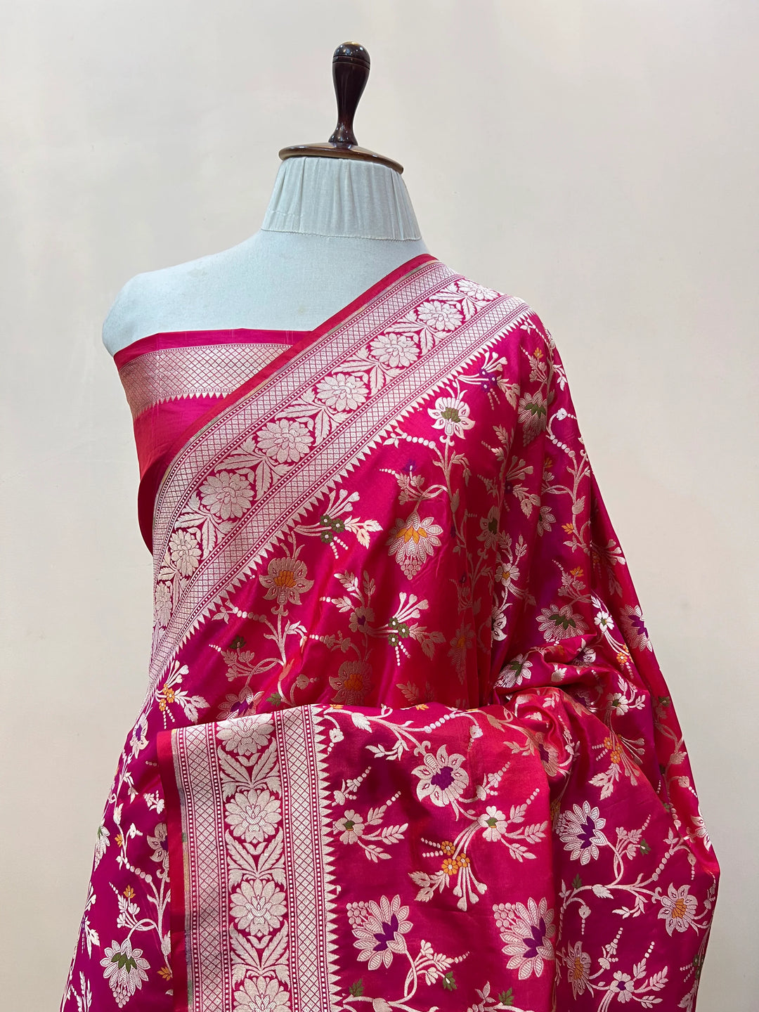 Rani Pink Pure Katan Silk Handloom Saree with Golden Floral Jaal