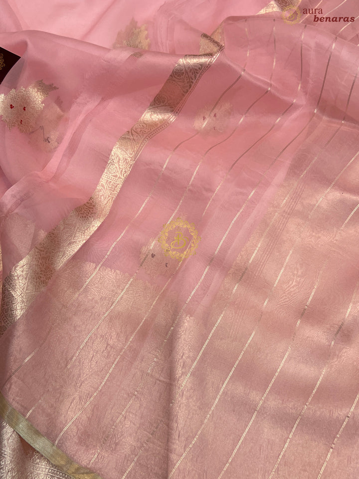 Baby Pink Pure Kora Silk Handloom Banarasi Saree