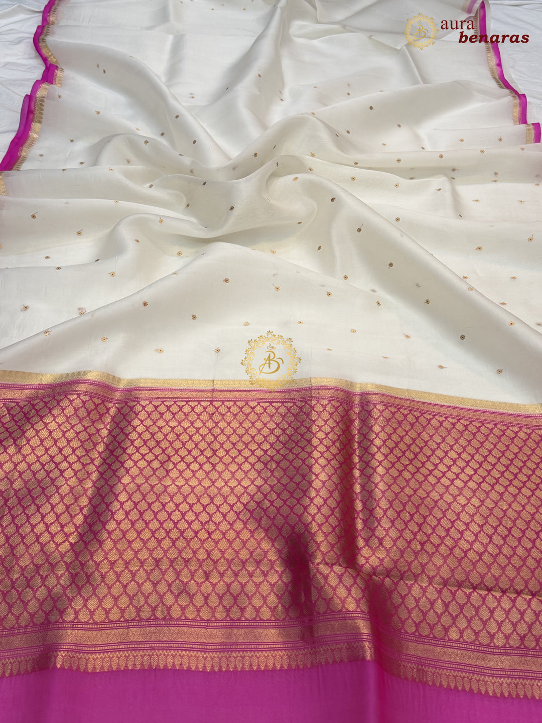 White Kora Silk Banarasi Saree with Zari Butis 