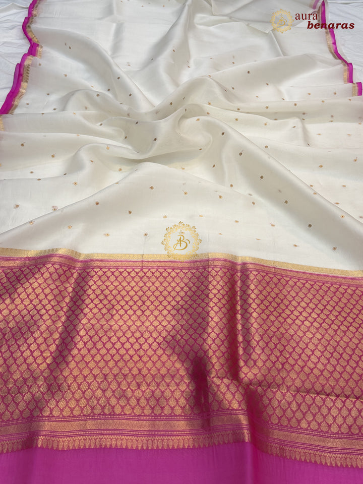 White Kora Silk Banarasi Saree with Zari Butis 