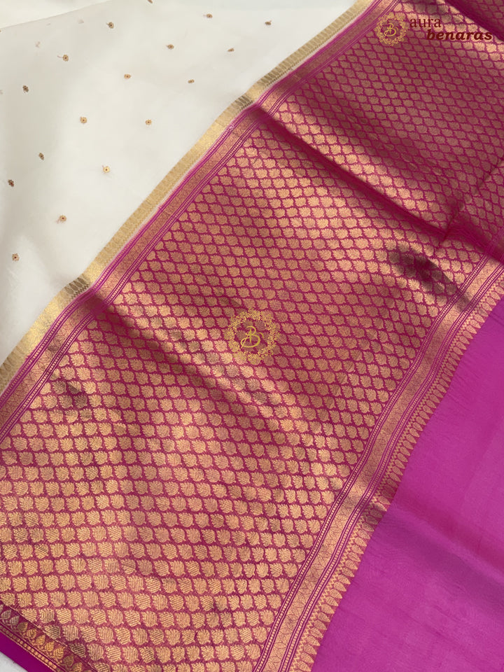 White Kora Silk Banarasi Saree with Zari Butis 