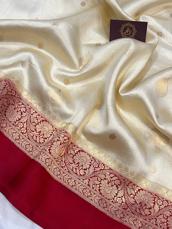 Cream Pure Banarasi Handloom Silk Saree - Aura Benaras