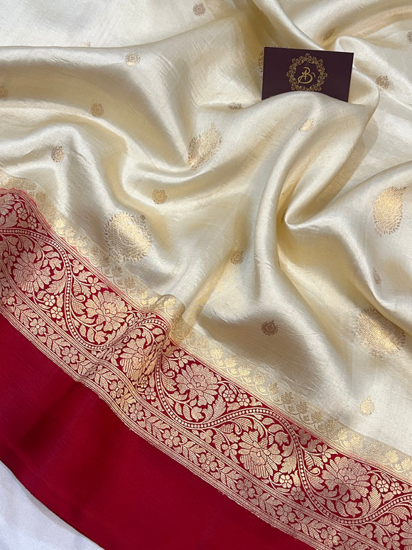 Cream Pure Banarasi Handloom Silk Saree - Aura Benaras