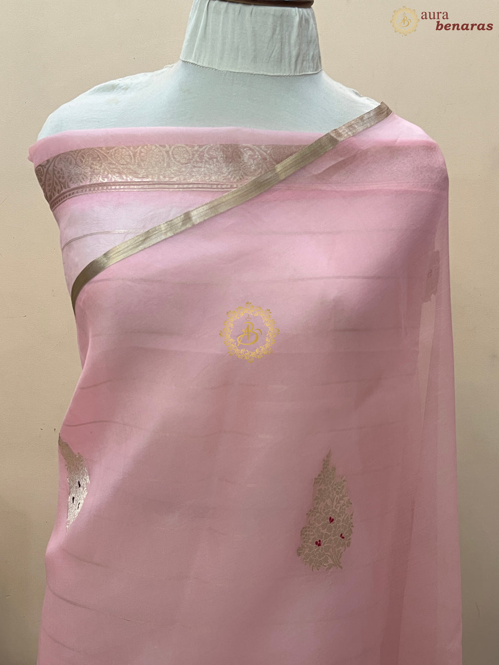 Baby Pink Pure Kora Silk Handloom Banarasi Saree
