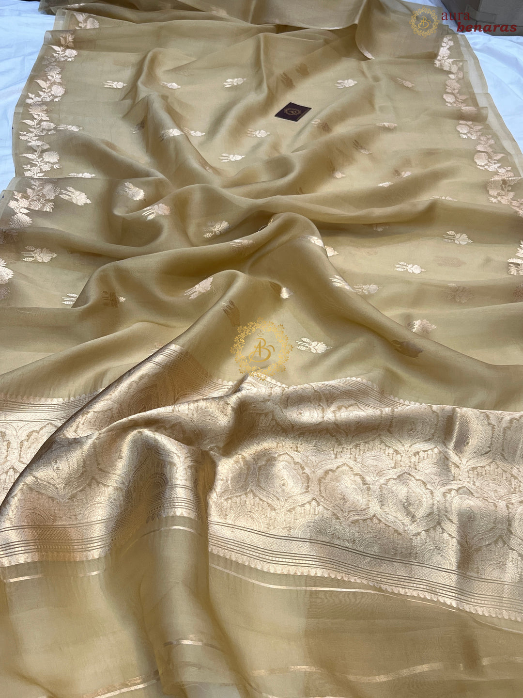 Pre Order :: Beige Pure Kora Silk Handloom Banarasi Saree