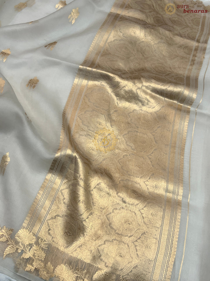 Pre Order :: Ice Grey Pure Kora Silk Handloom Banarasi Saree