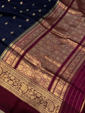 Navy Blue Pure Banarasi Handloom Silk Saree - Aura Benaras