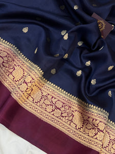 Navy Blue Pure Banarasi Handloom Silk Saree - Aura Benaras