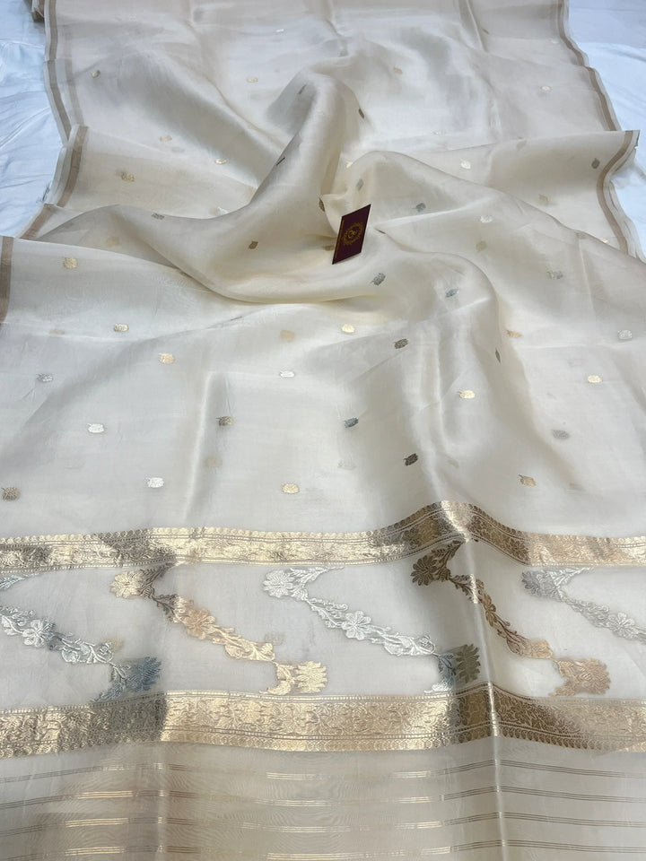 Cream Kora Silk Banarasi Saree – Kadhwa Butis in Zari