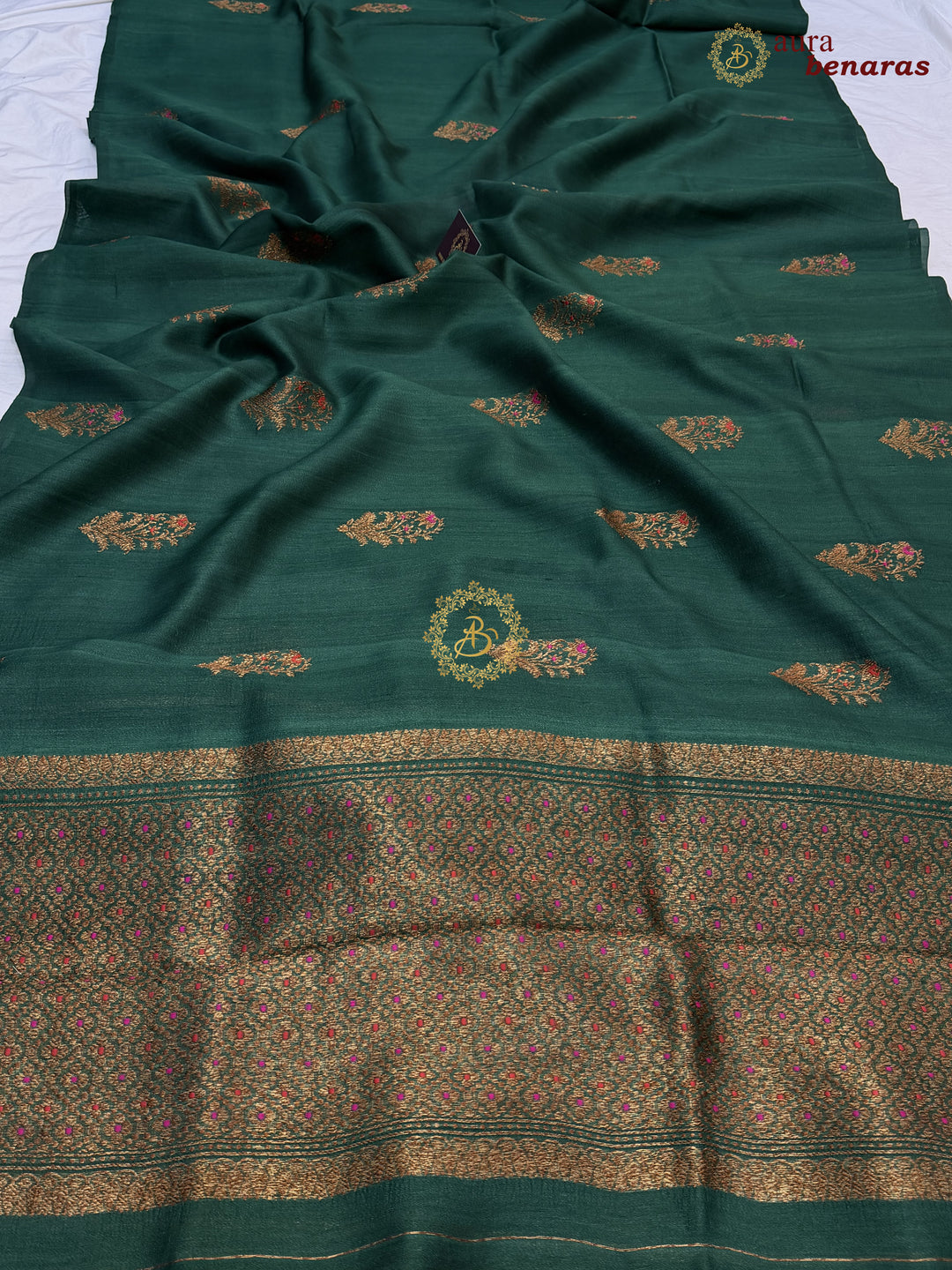 Bottle Green Tussar Silk Banarasi Saree with Kadhwa Meenakari