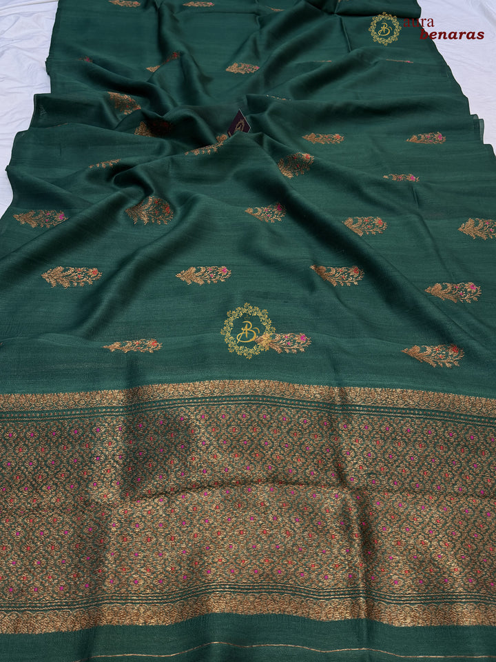 Bottle Green Tussar Silk Banarasi Saree with Kadhwa Meenakari