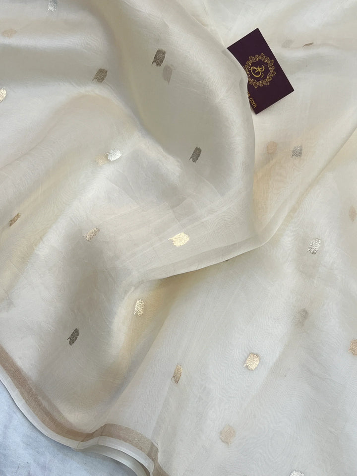 Cream Kora Silk Banarasi Saree – Kadhwa Butis in Zari