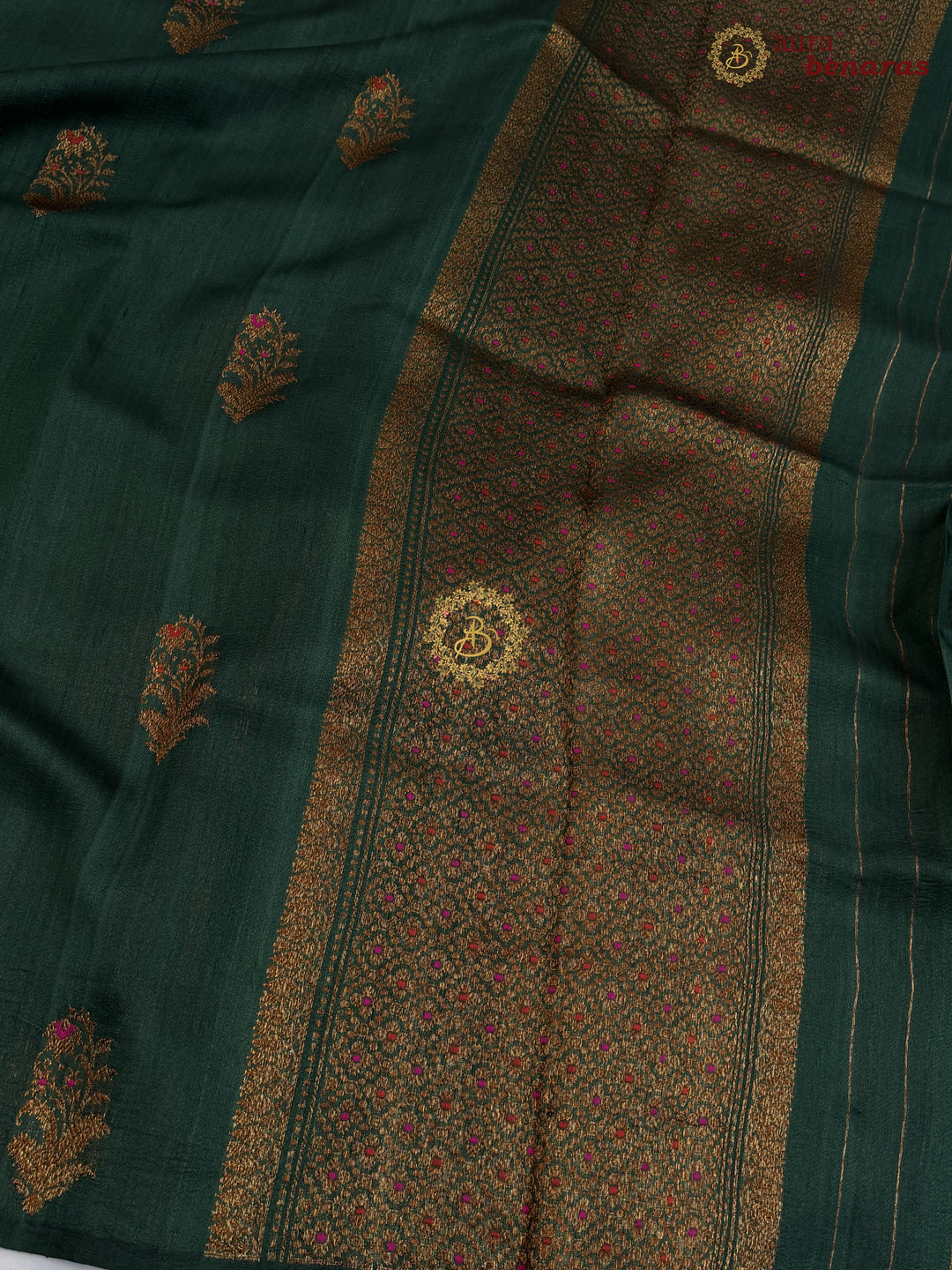 Bottle Green Tussar Silk Banarasi Saree with Kadhwa Meenakari