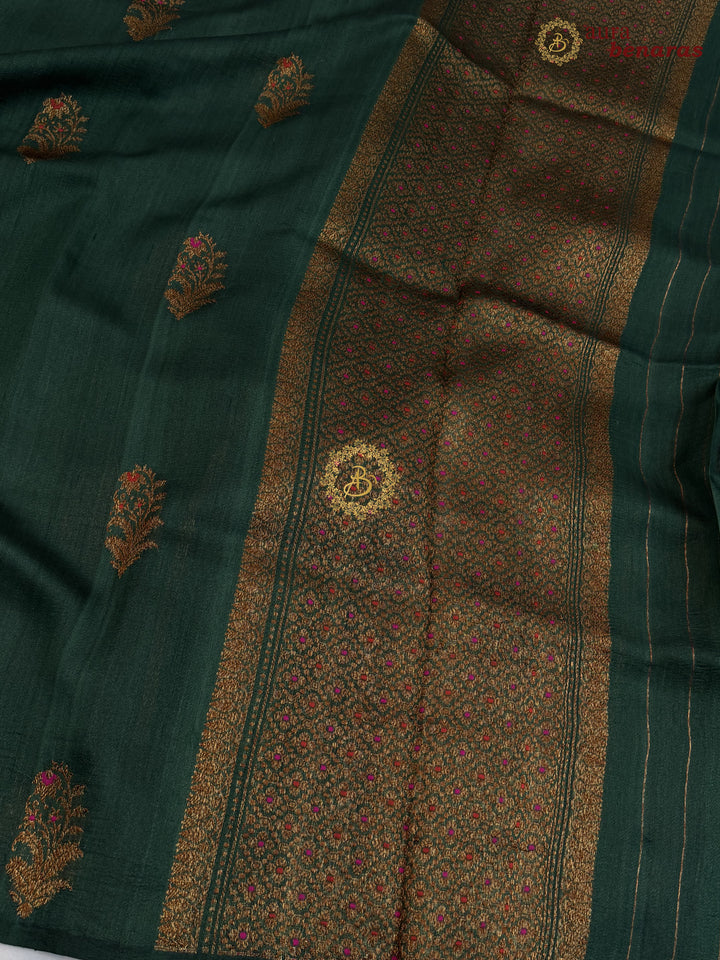 Bottle Green Tussar Silk Banarasi Saree with Kadhwa Meenakari