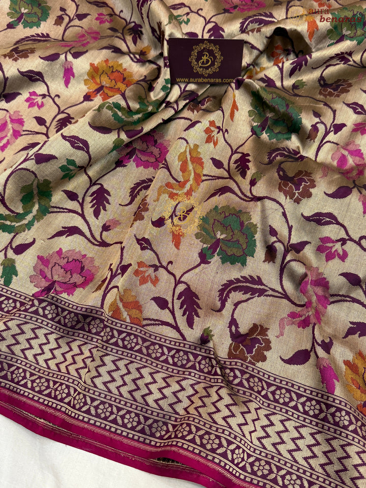 Wine Pure Katan silk Handloom Banarasi Saree