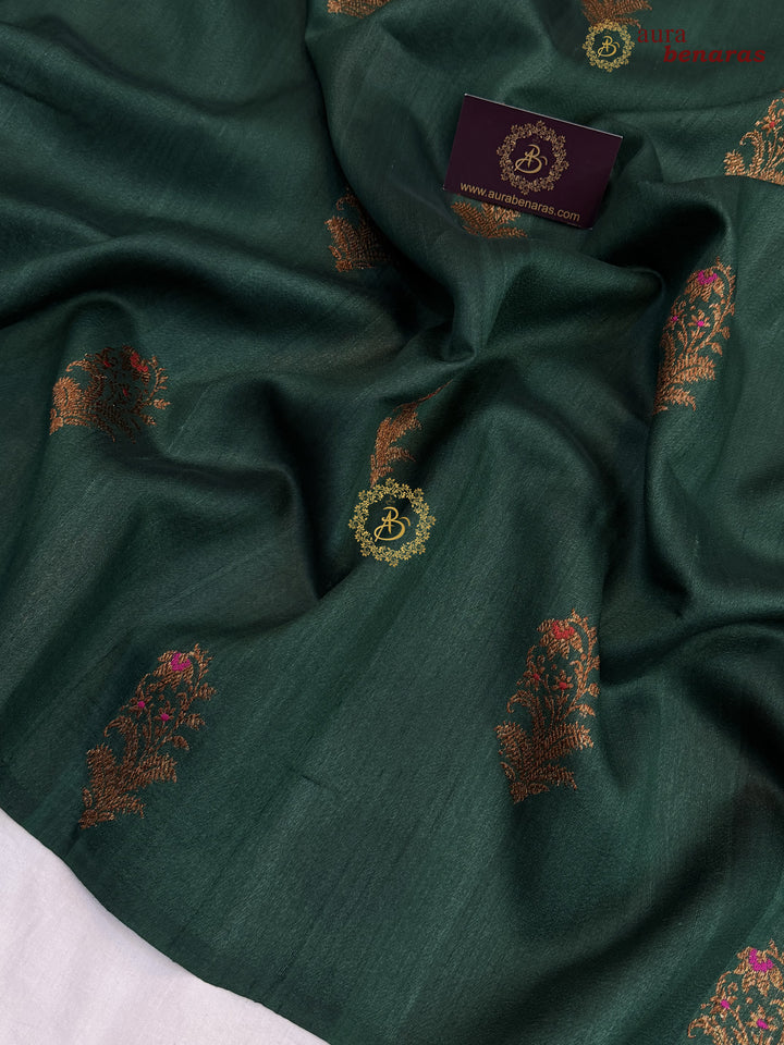 Bottle Green Tussar Silk Banarasi Saree with Kadhwa Meenakari