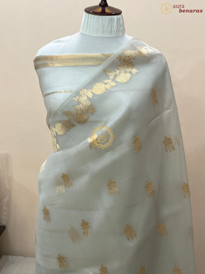 Pre Order :: Ice Grey Pure Kora Silk Handloom Banarasi Saree