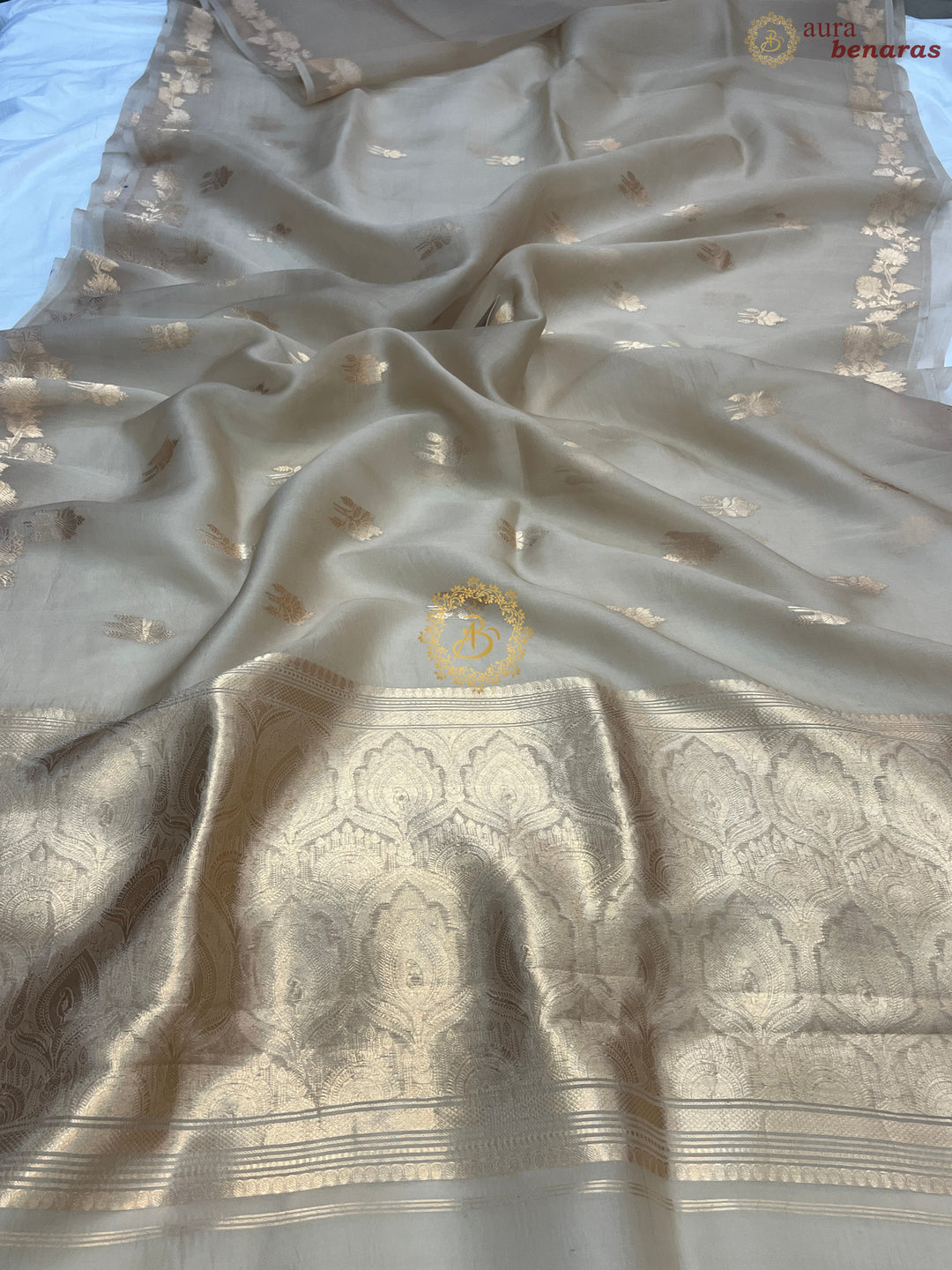 Pre Order :: Cream Pure Kora Silk Handloom Banarasi Saree