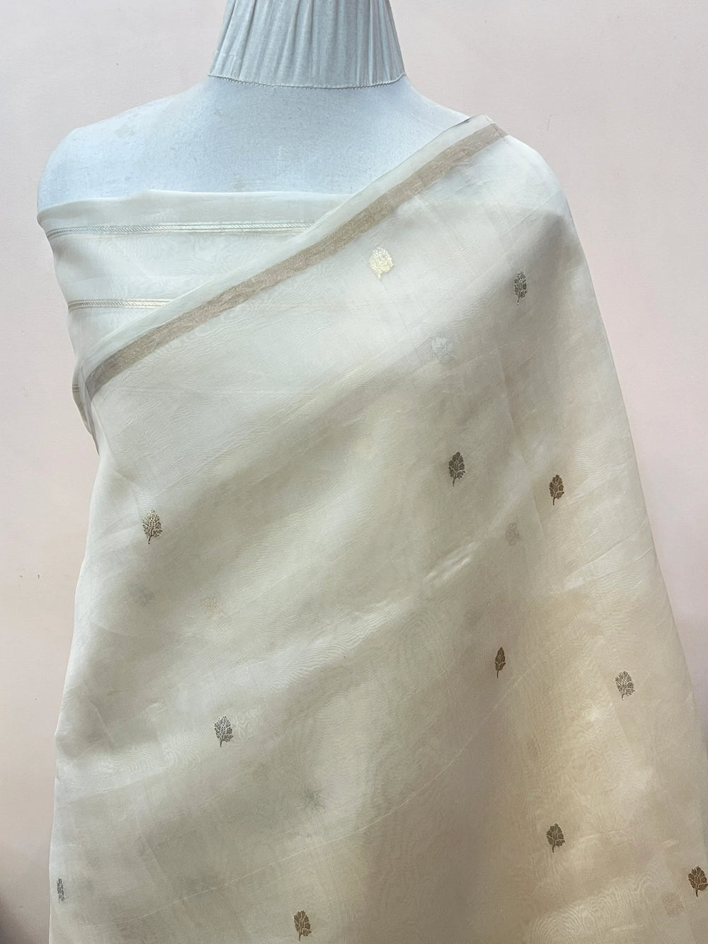 Cream Kora Silk Banarasi Saree – Kadhwa Butis in Zari