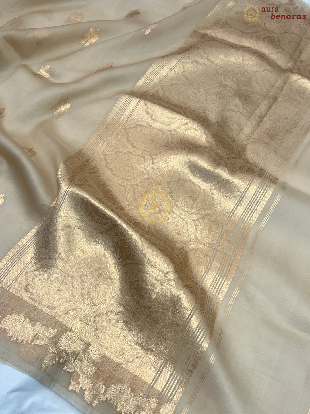 Pre Order :: Cream Pure Kora Silk Handloom Banarasi Saree
