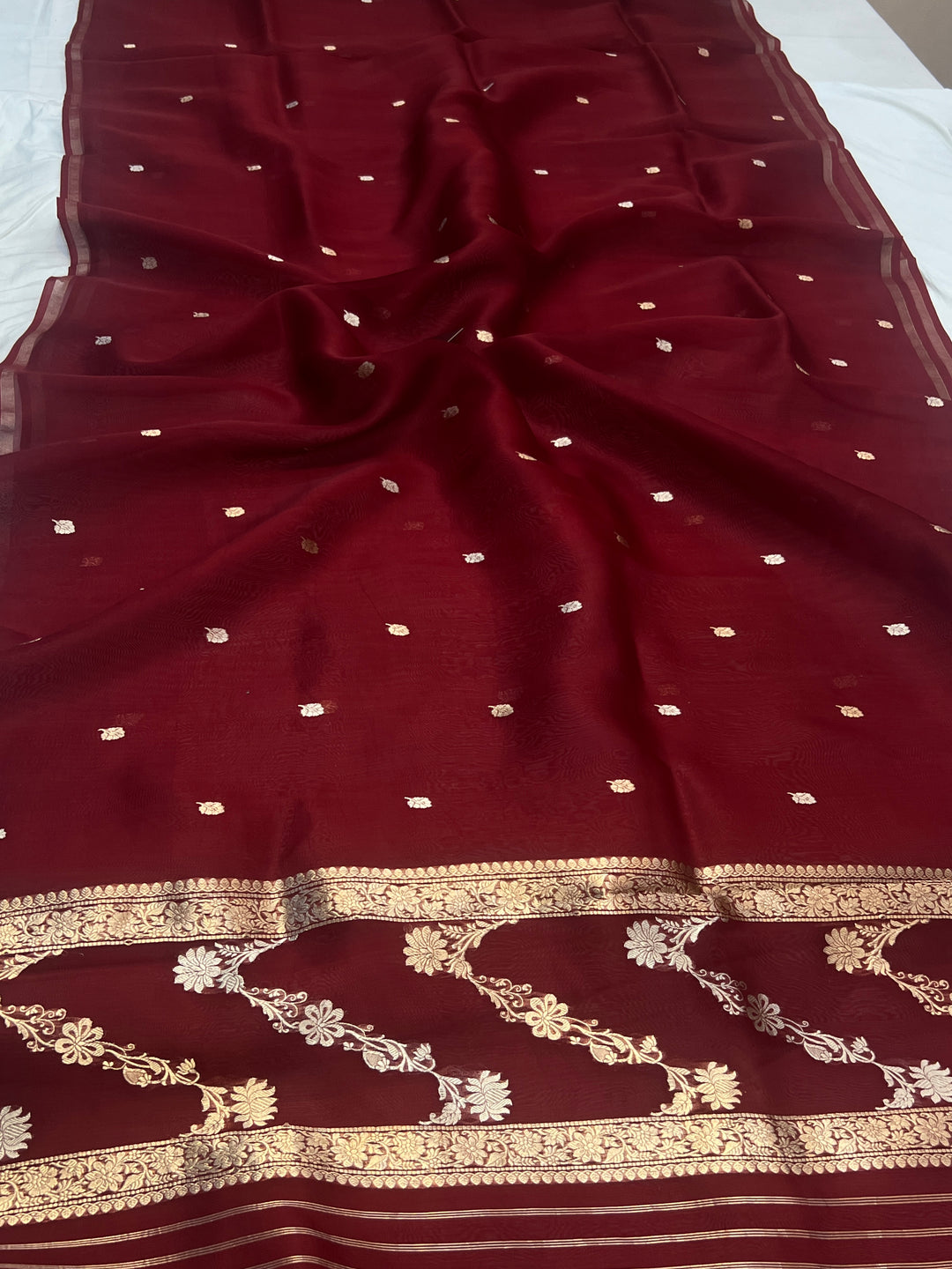 Maroon Kora Silk Banarasi Saree – Kadhwa Butis in Zari