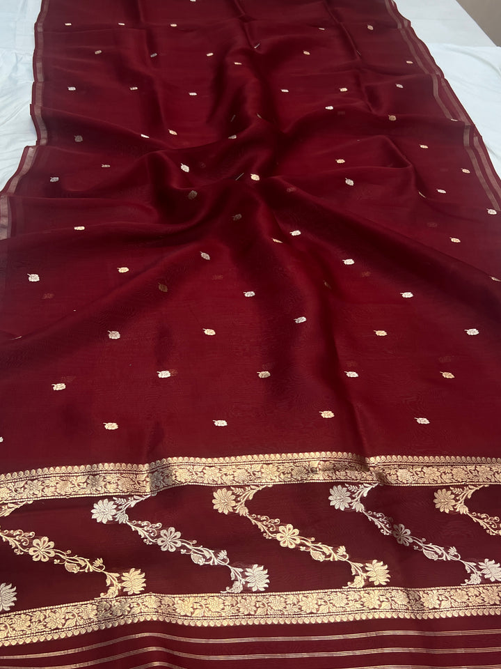 Maroon Kora Silk Banarasi Saree – Kadhwa Butis in Zari