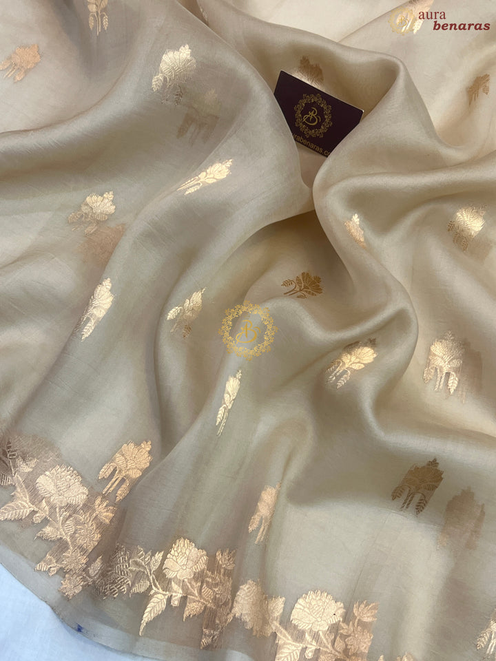 Pre Order :: Cream Pure Kora Silk Handloom Banarasi Saree