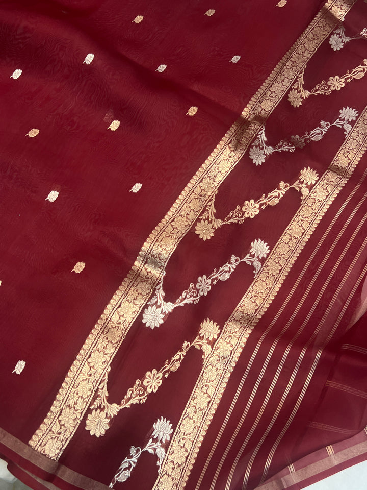 Maroon Kora Silk Banarasi Saree – Kadhwa Butis in Zari