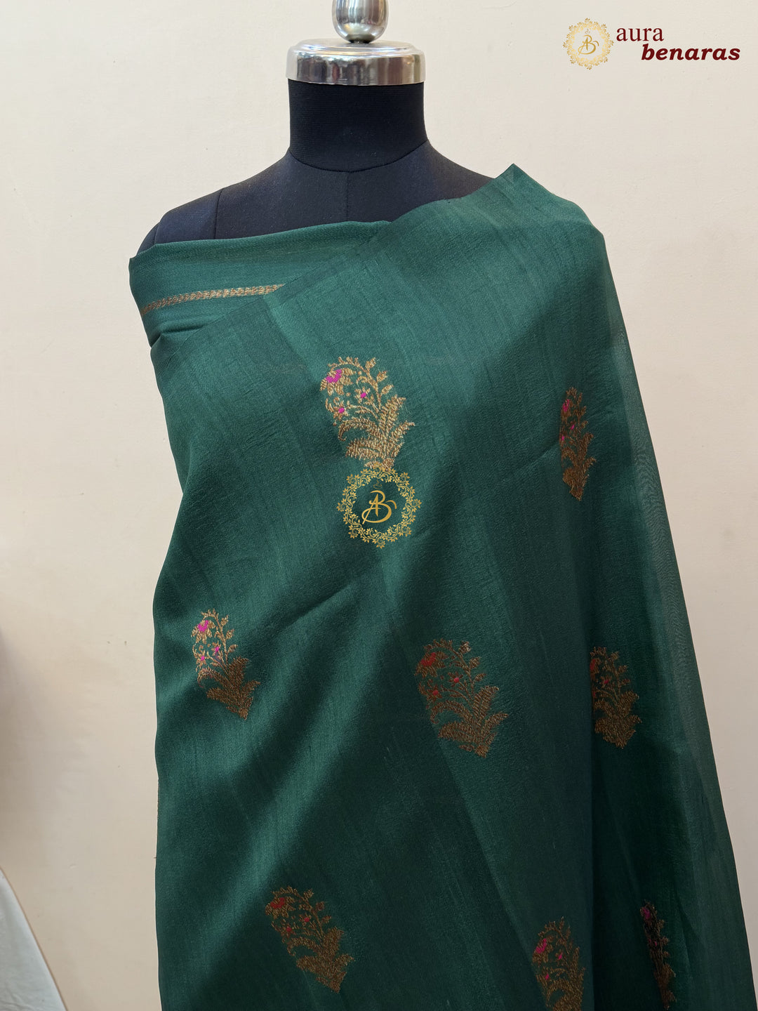 Bottle Green Tussar Silk Banarasi Saree with Kadhwa Meenakari