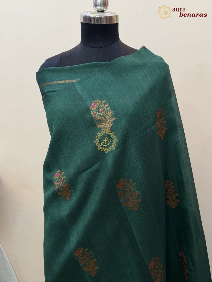Bottle Green Tussar Silk Banarasi Saree with Kadhwa Meenakari
