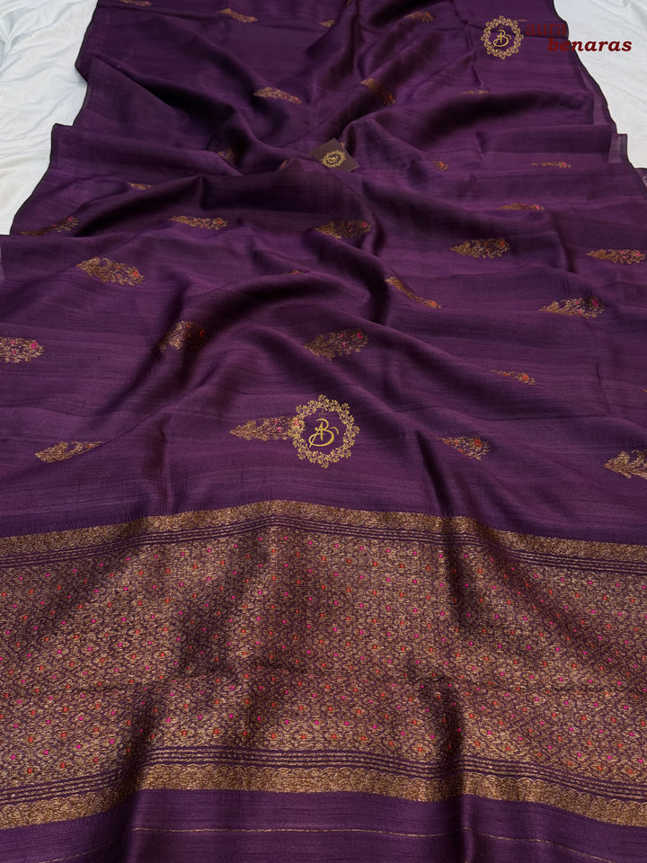 Wine Tussar Silk Banarasi Saree with Kadhwa Meenakari