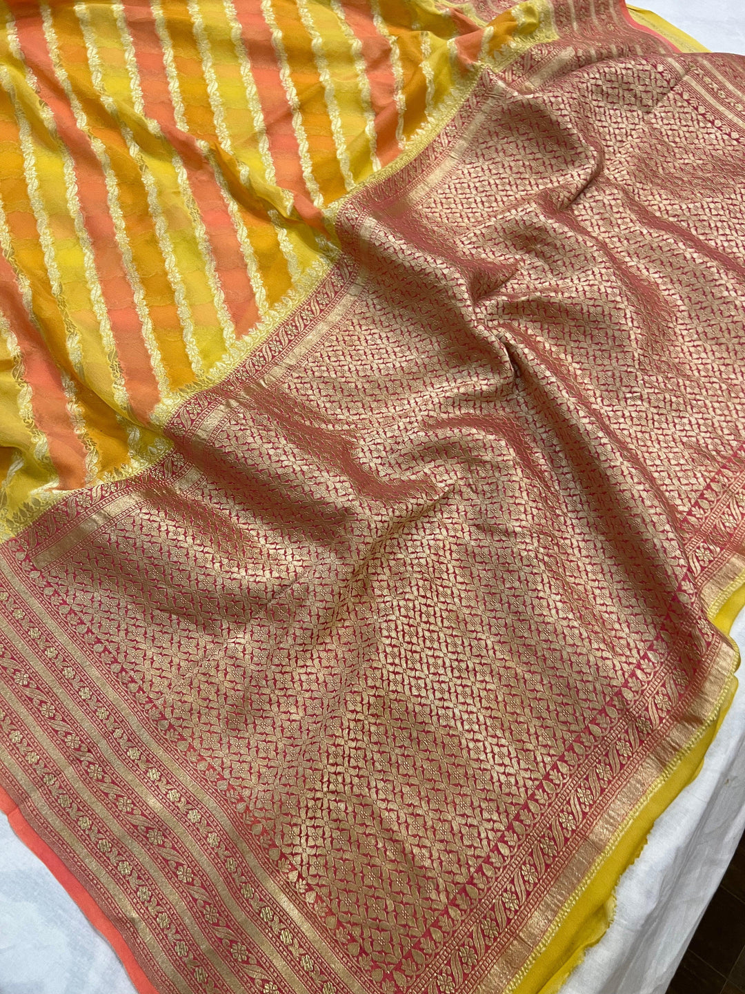 Yellow Rangkaat Banarasi Khaddi Georgette Saree - Aura Benaras
