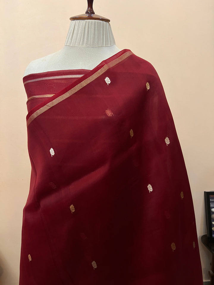 Maroon Kora Silk Banarasi Saree – Kadhwa Butis in Zari