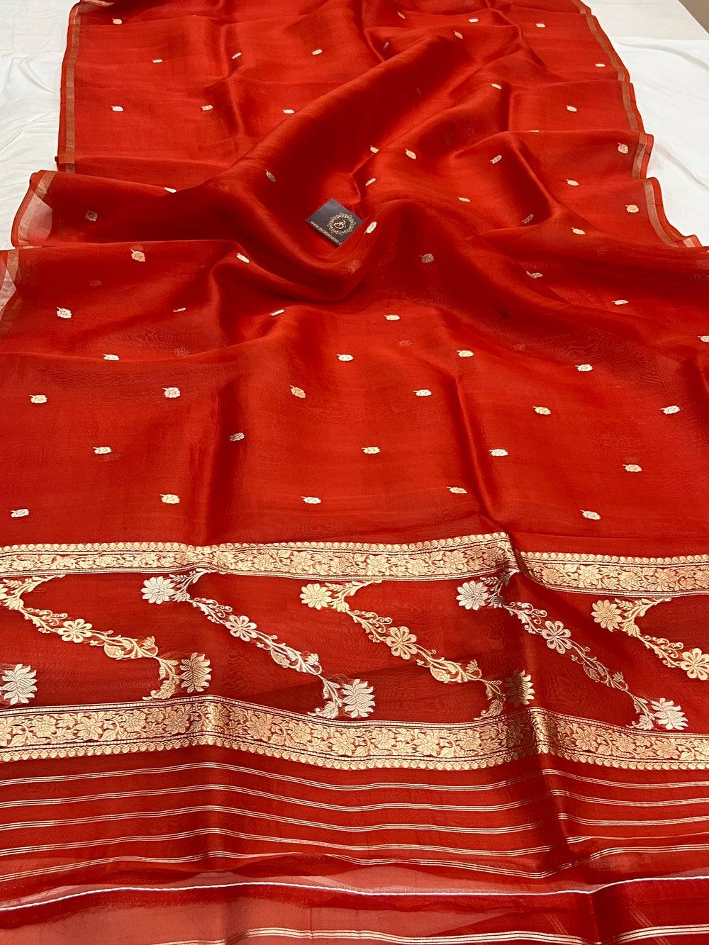 Orange Kora Silk Banarasi Saree – Kadhwa Butis in Zari