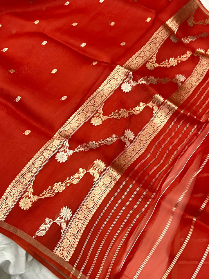 Orange Kora Silk Banarasi Saree – Kadhwa Butis in Zari