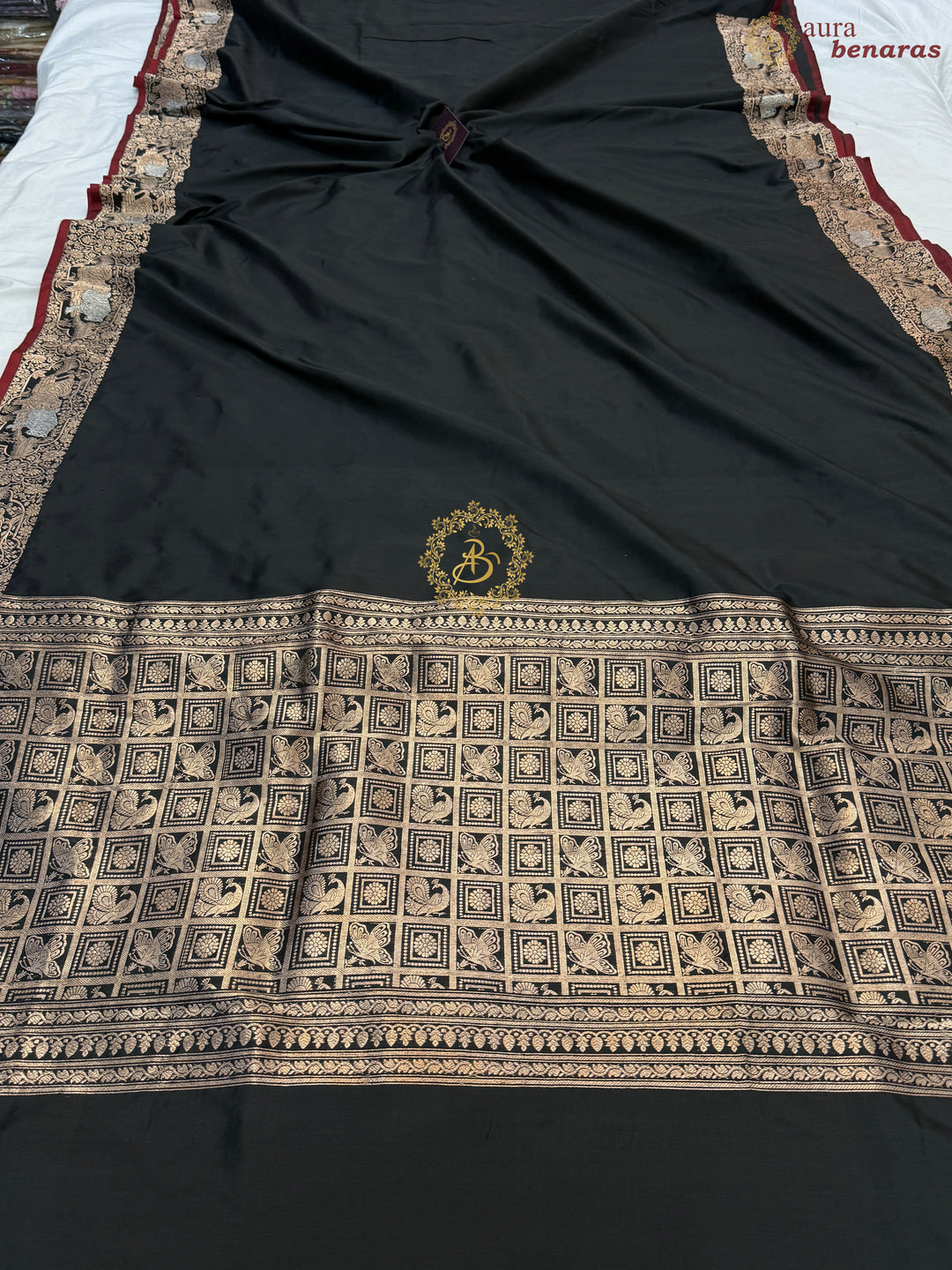 Black Pure Katan Silk Banarasi Handloom Saree with Shikargaah Border