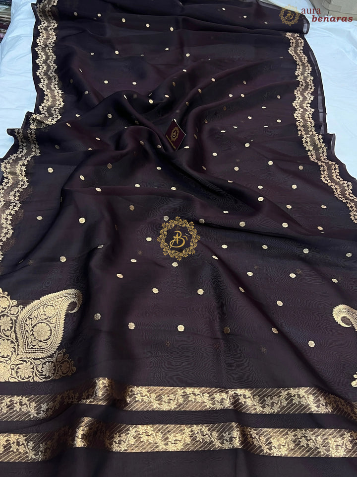 Pre Order :: Dark Brown Pure Kora Silk Handloom Banarasi Saree