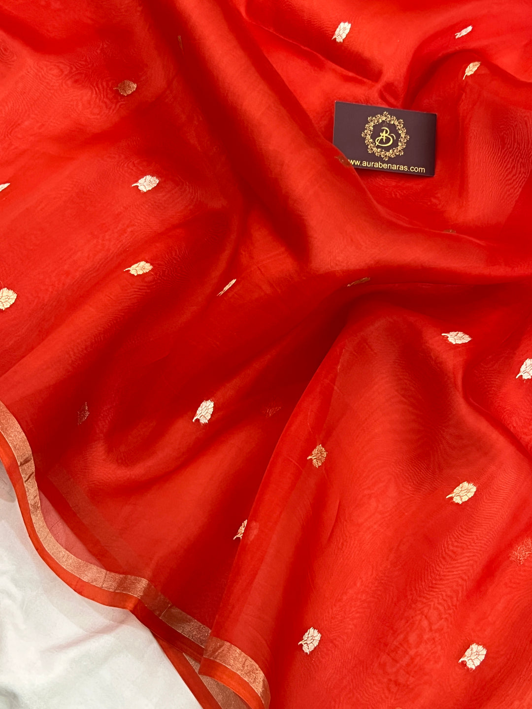 Orange Kora Silk Banarasi Saree – Kadhwa Butis in Zari