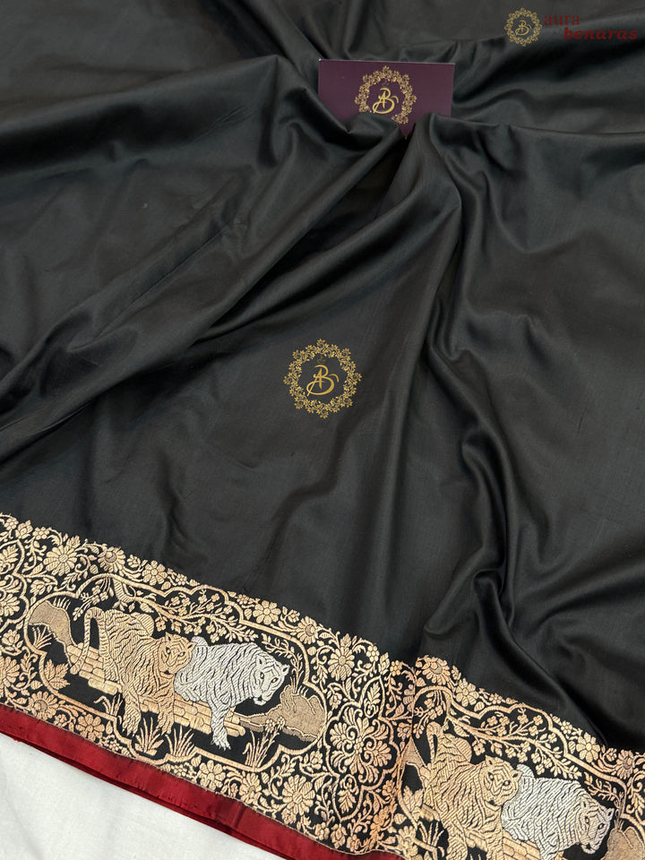 Black Pure Katan Silk Banarasi Handloom Saree with Shikargaah Border