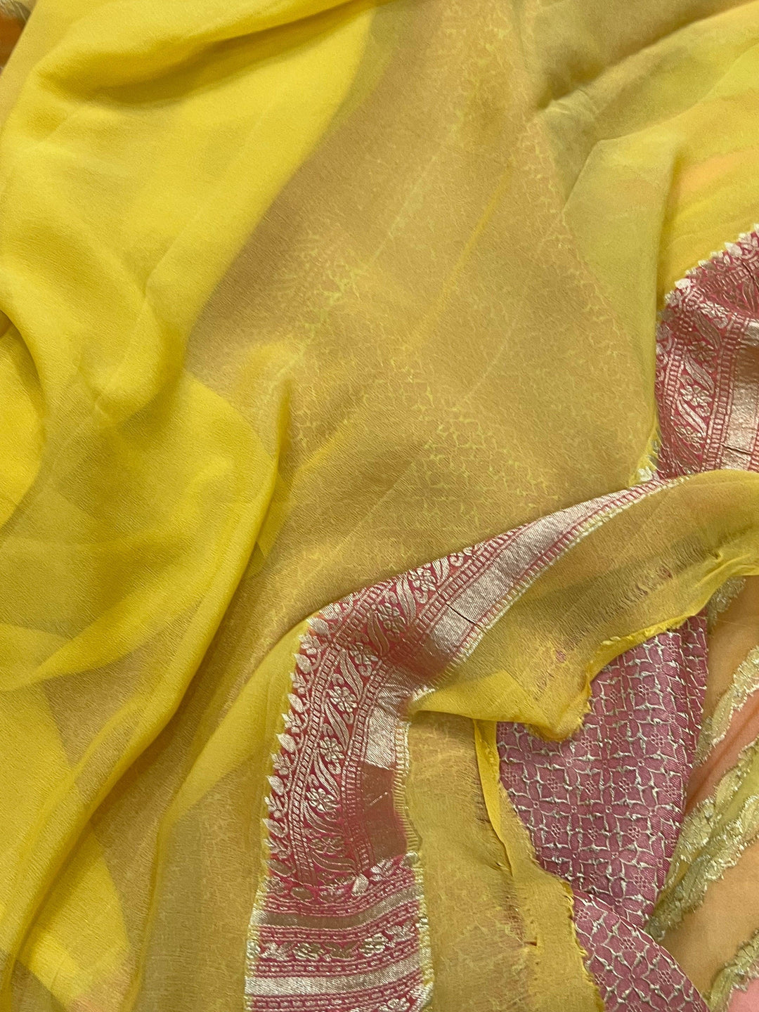 Yellow Rangkaat Banarasi Khaddi Georgette Saree - Aura Benaras